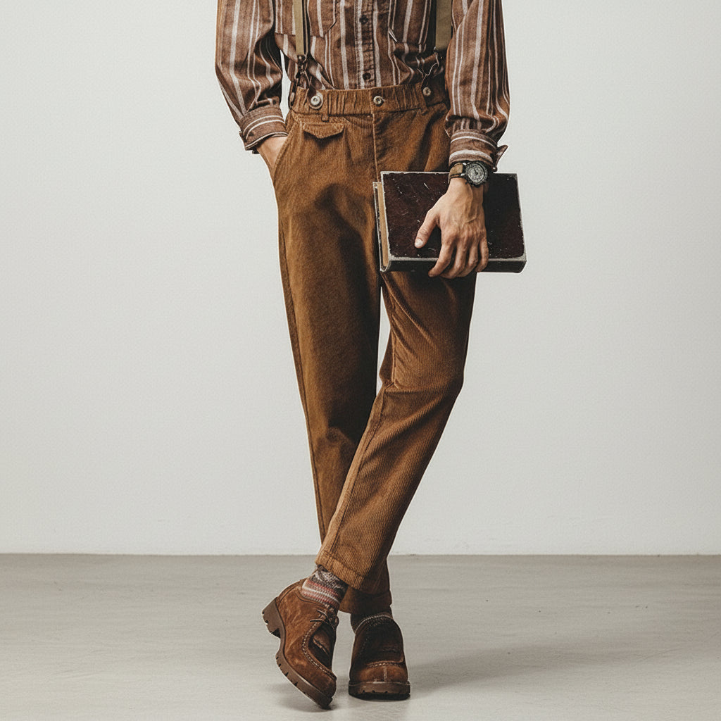 Loose Corduroy Casual Tapered Pants in Chestnut Brown