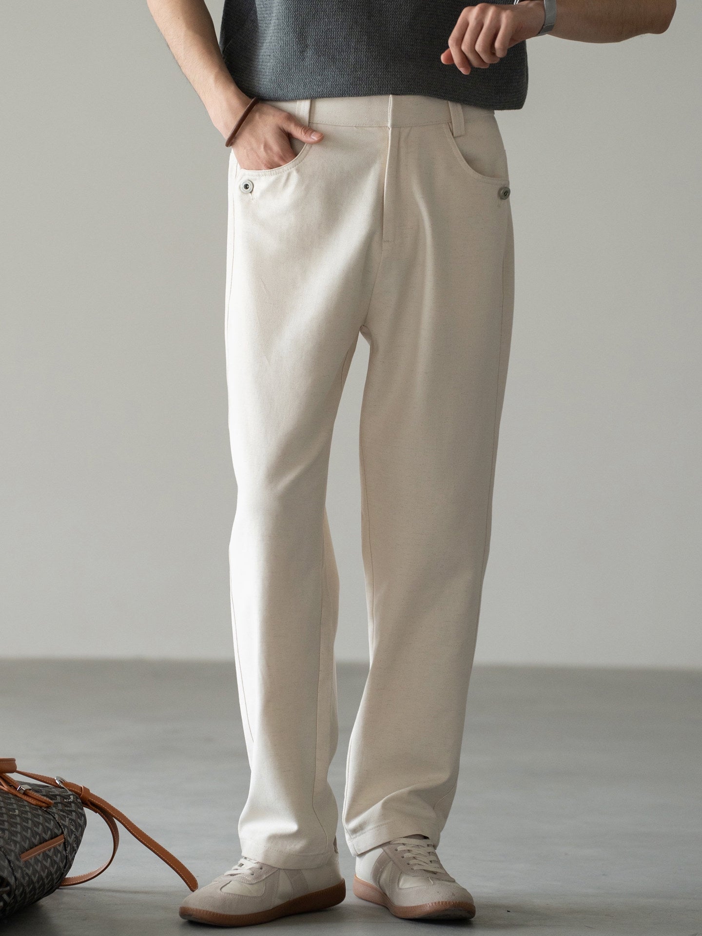 Cotton-Linen Blend Breathable Drape Trousers in Apricot
