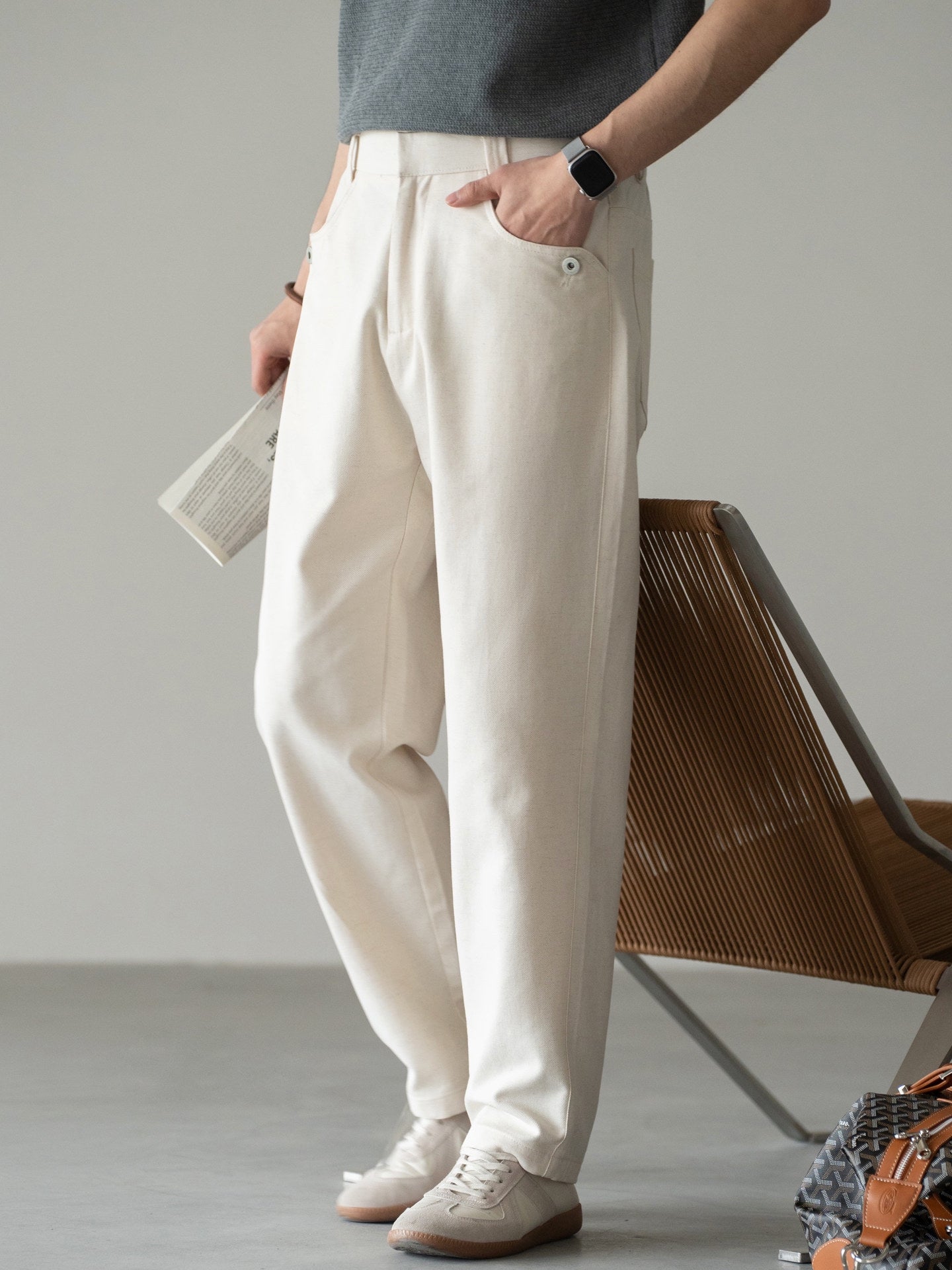 Cotton-Linen Blend Breathable Drape Trousers in Apricot