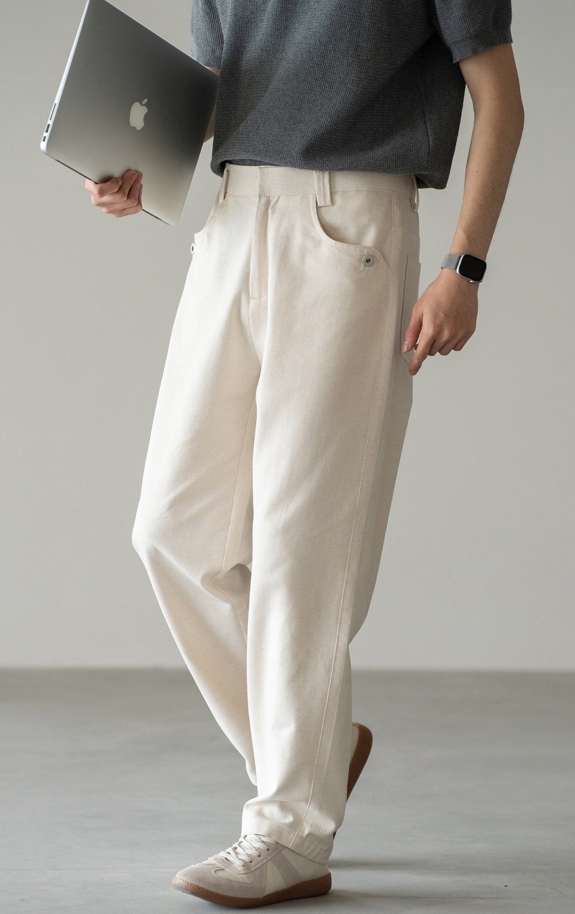 Cotton-Linen Blend Breathable Drape Trousers in Apricot