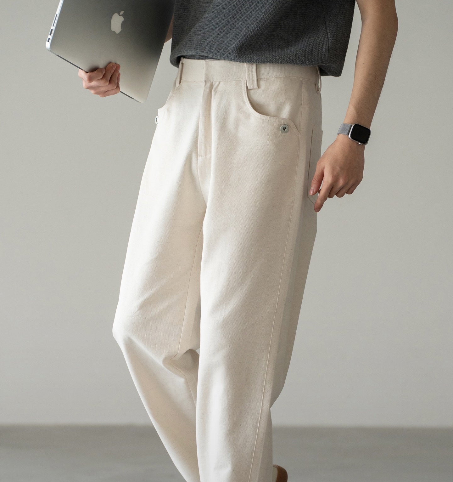Cotton-Linen Blend Breathable Drape Trousers in Apricot