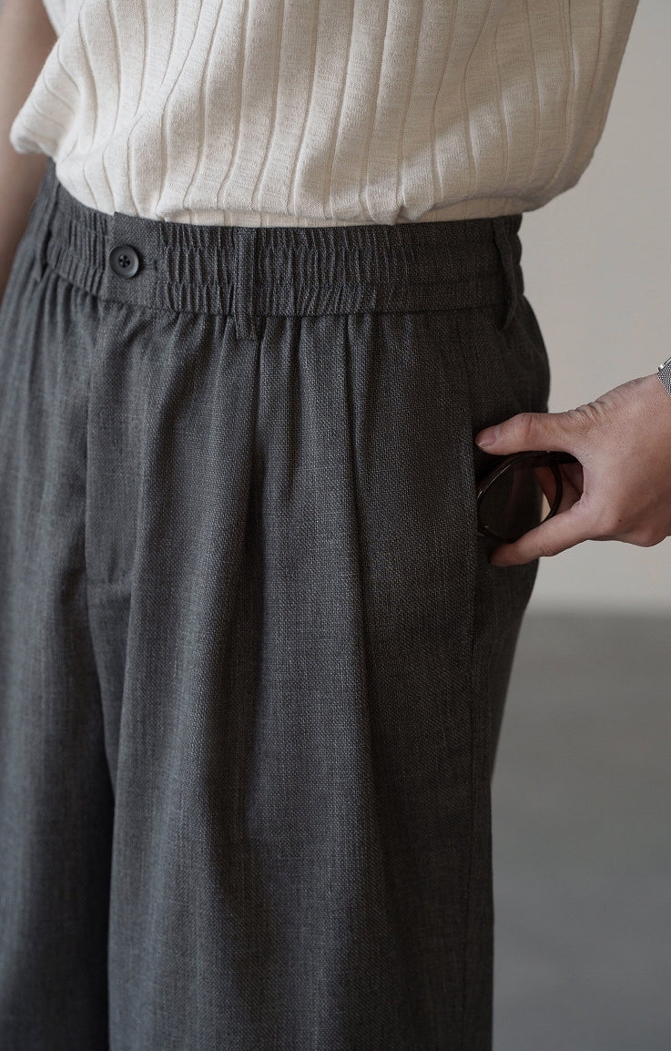 Linen Blend Elastic Waist Casual Trousers in Grey