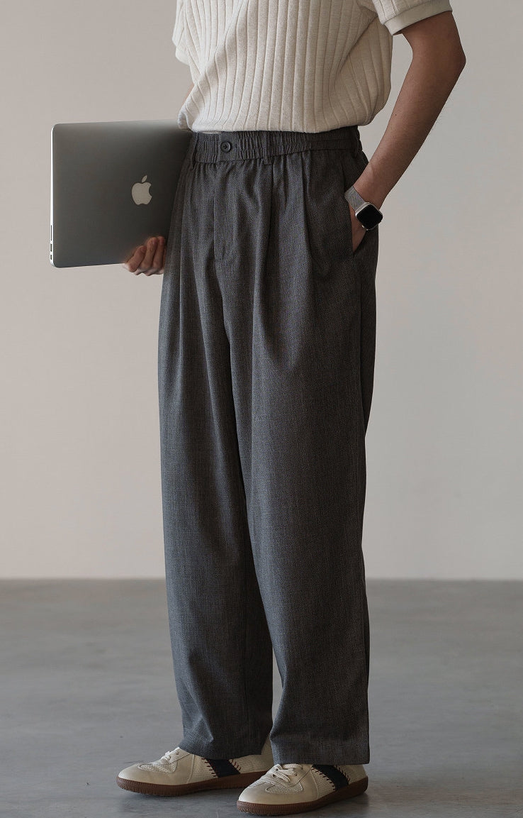 Linen Blend Elastic Waist Casual Trousers in Grey