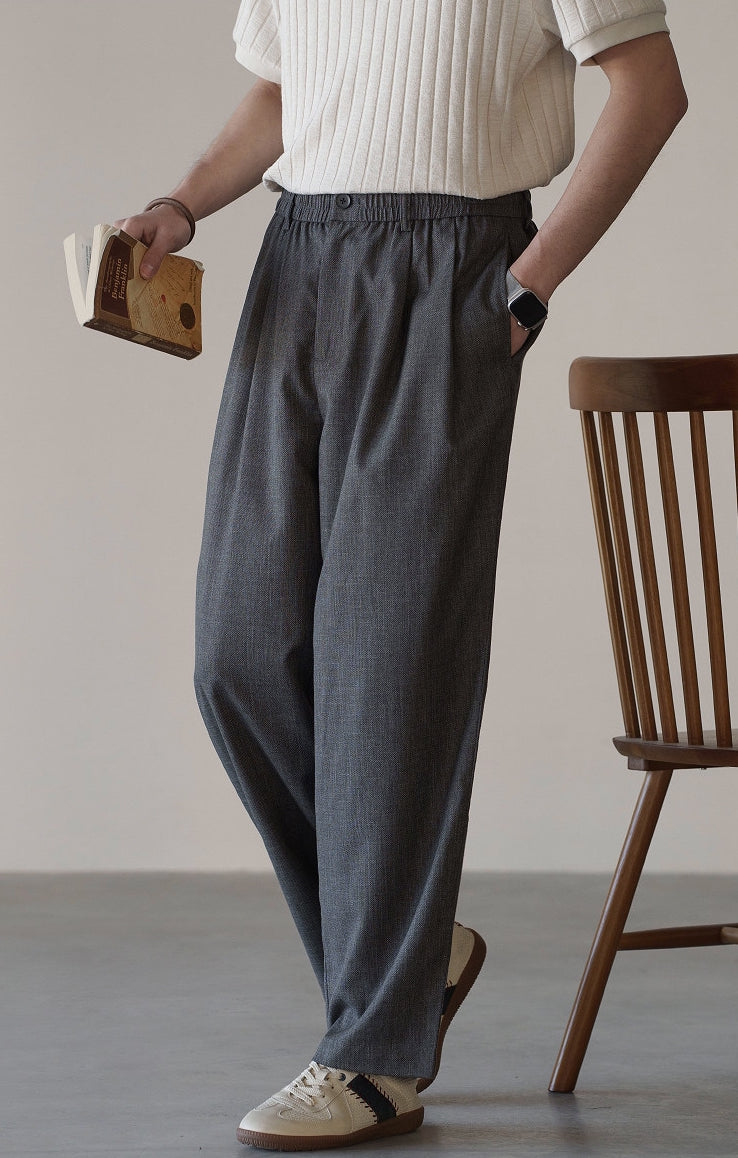 Linen Blend Elastic Waist Casual Trousers in Grey
