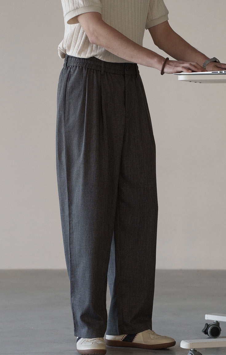 Linen Blend Elastic Waist Casual Trousers in Grey