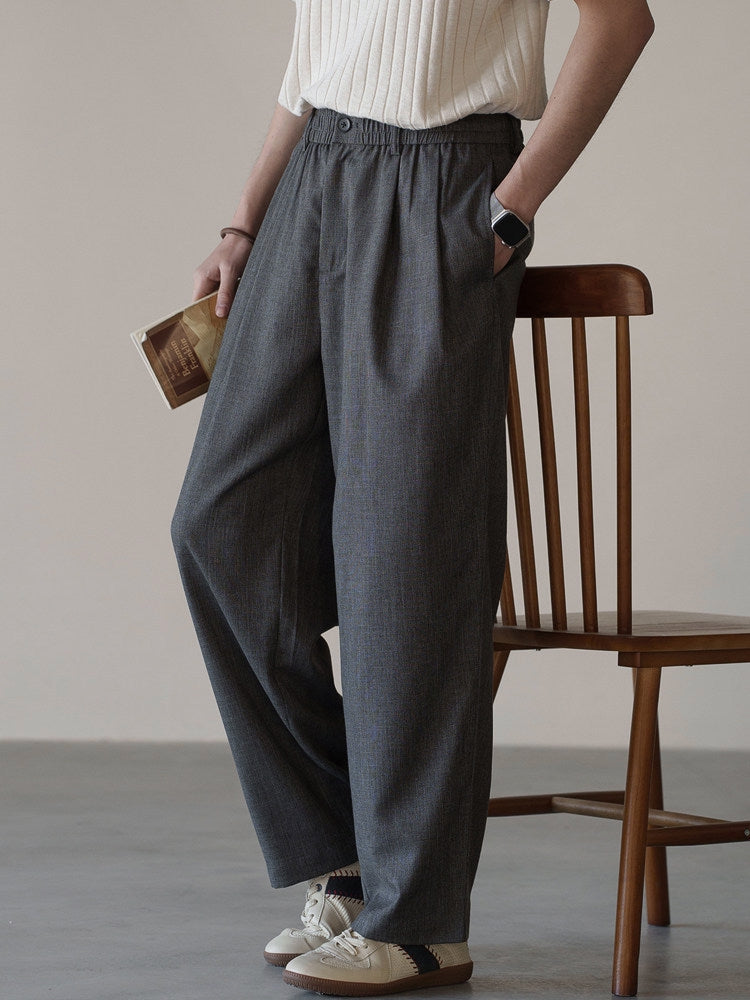 Linen Blend Elastic Waist Casual Trousers in Grey