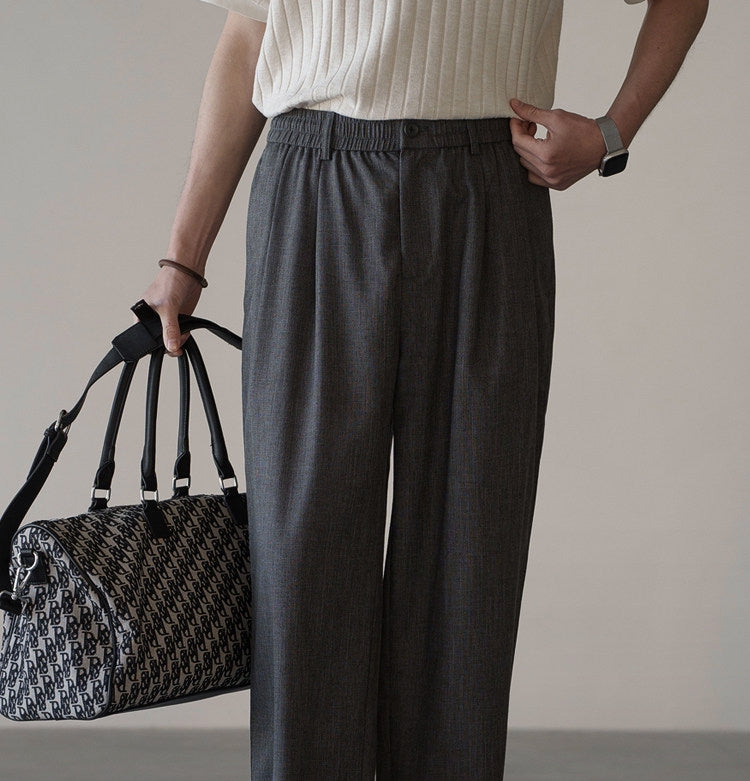 Linen Blend Elastic Waist Casual Trousers in Grey