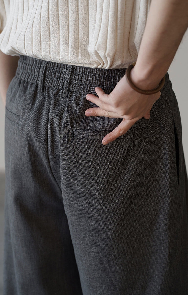 Linen Blend Elastic Waist Casual Trousers in Grey