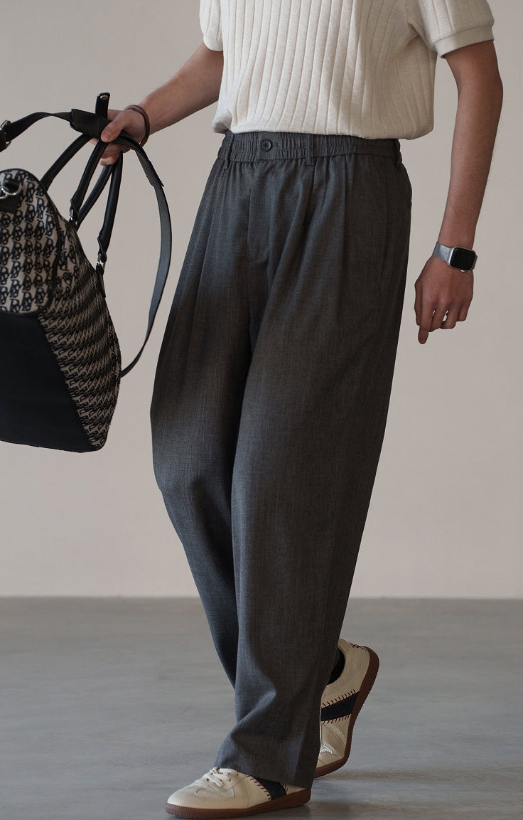 Linen Blend Elastic Waist Casual Trousers in Grey