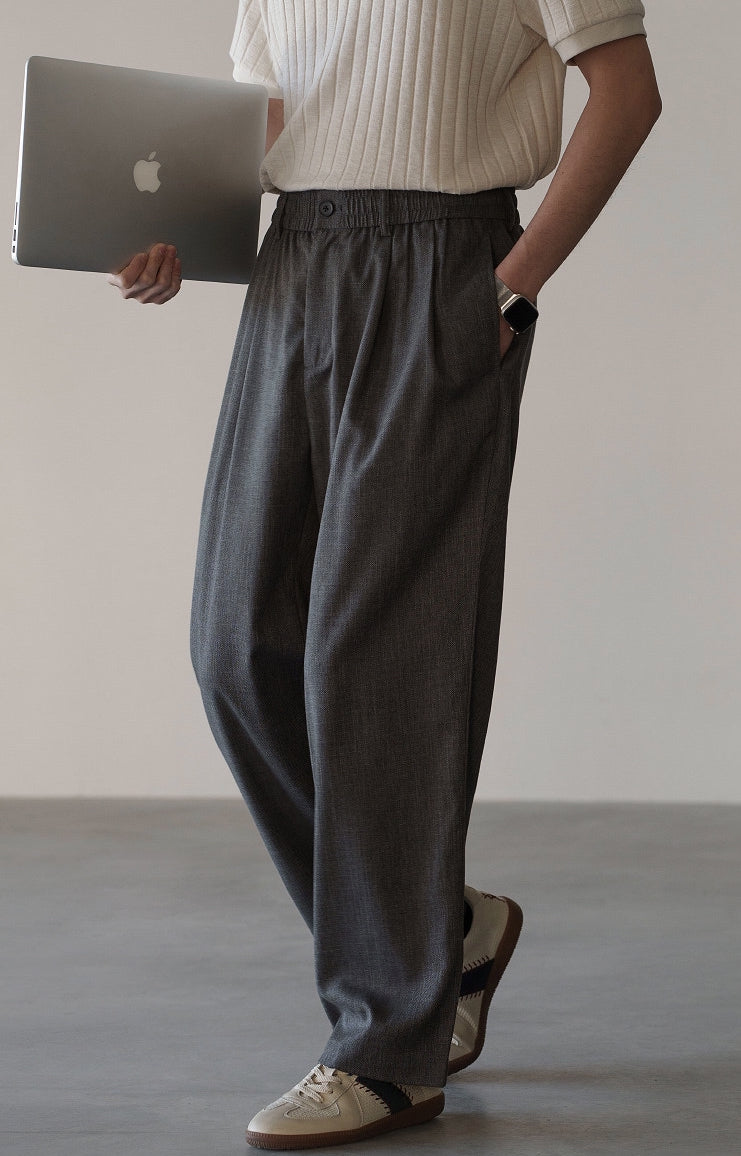 Linen Blend Elastic Waist Casual Trousers in Grey