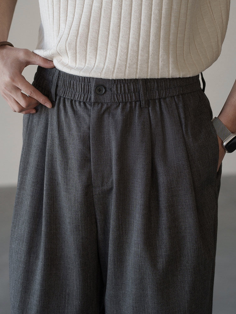 Linen Blend Elastic Waist Casual Trousers in Grey