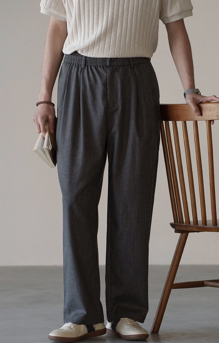 Linen Blend Elastic Waist Casual Trousers in Grey