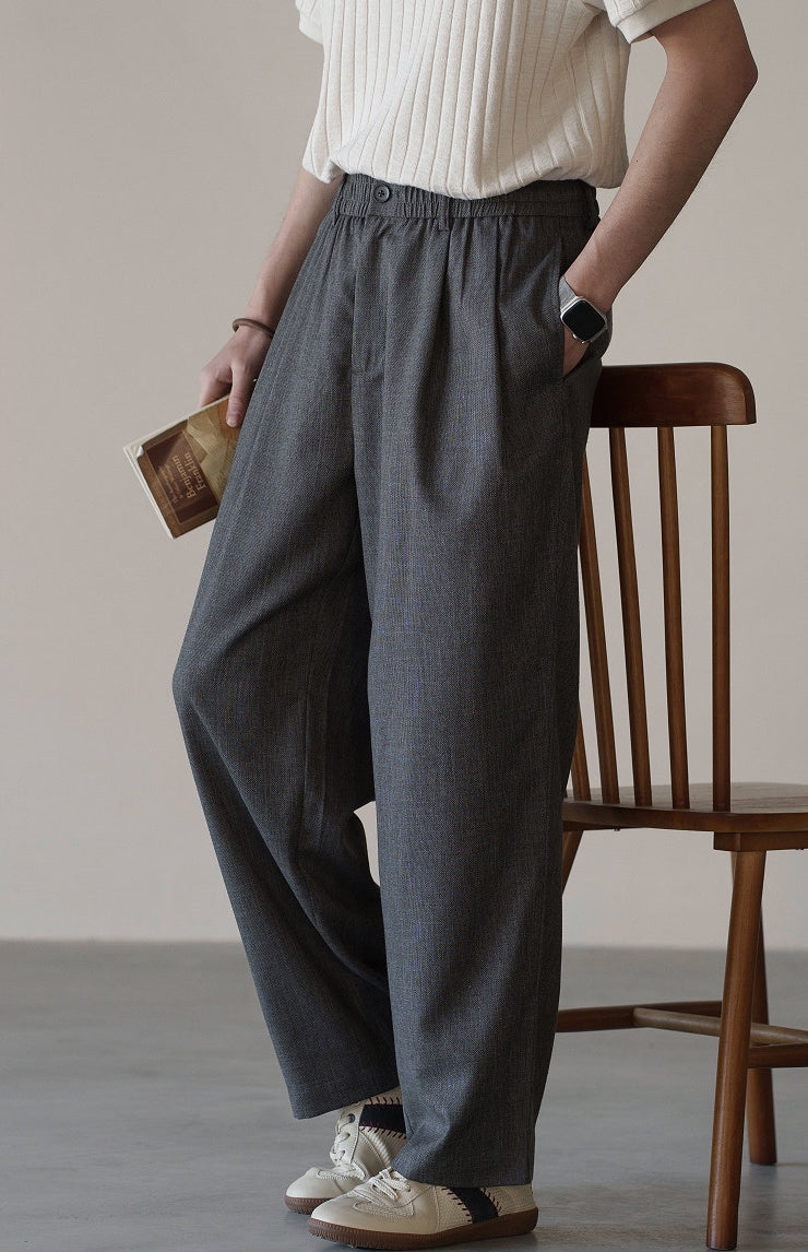 Linen Blend Elastic Waist Casual Trousers in Grey