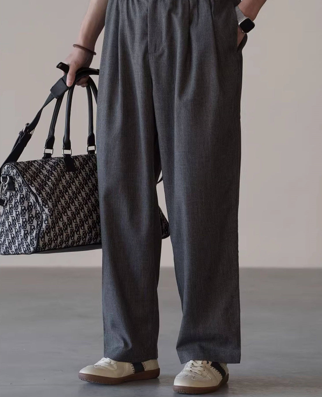 Linen Blend Elastic Waist Casual Trousers in Grey
