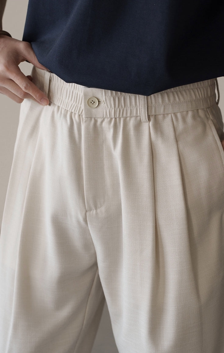 Linen Blend Elastic Waist Casual Trousers in Light Khaki