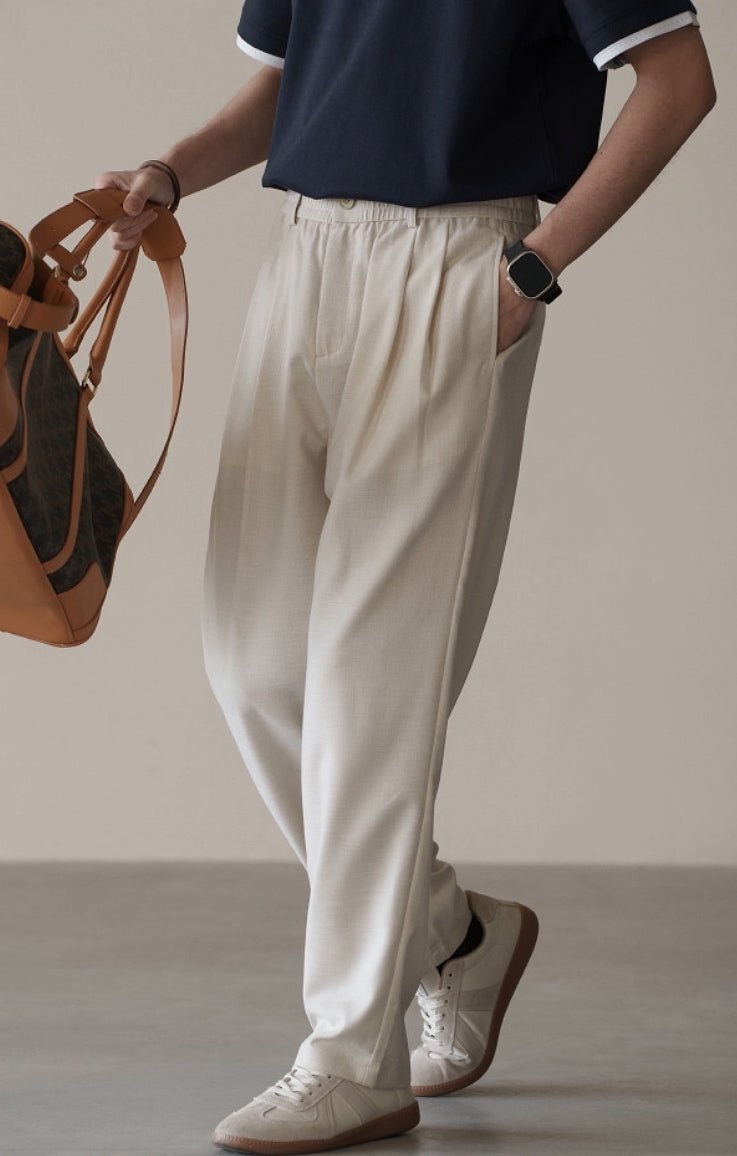 Linen Blend Elastic Waist Casual Trousers in Light Khaki