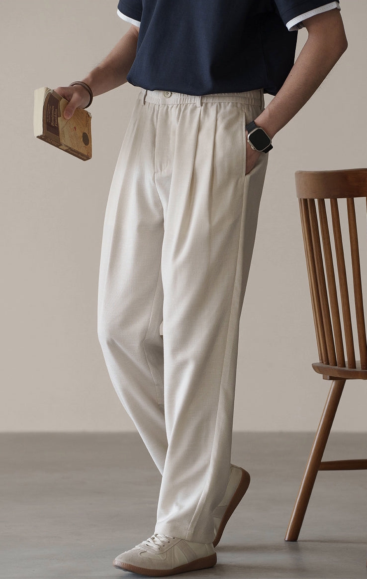 Linen Blend Elastic Waist Casual Trousers in Light Khaki