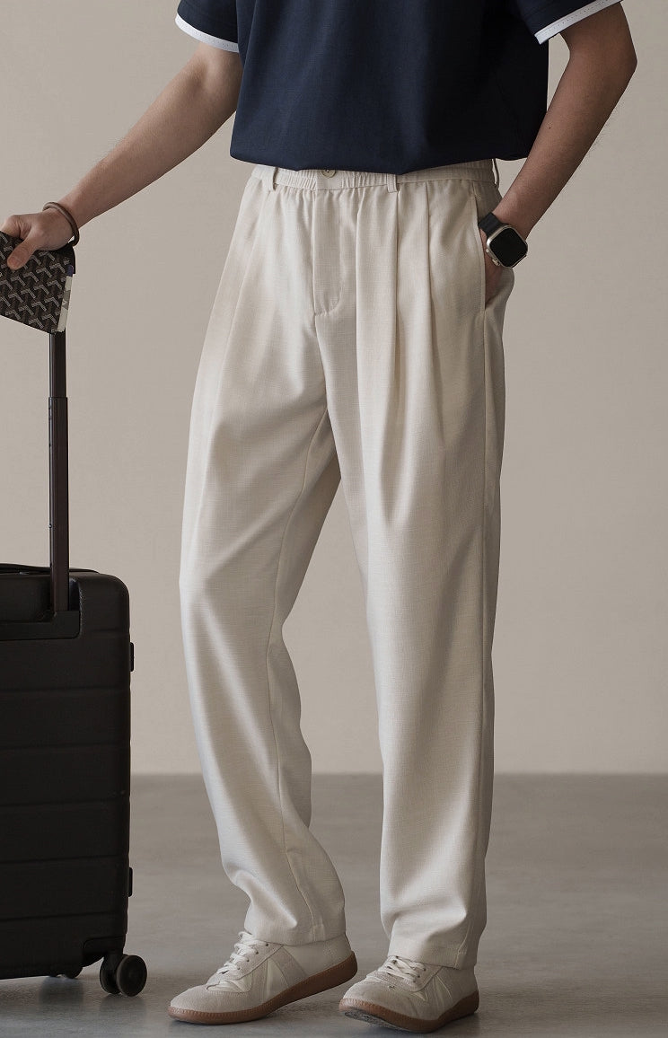 Linen Blend Elastic Waist Casual Trousers in Light Khaki
