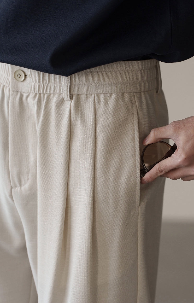 Linen Blend Elastic Waist Casual Trousers in Light Khaki