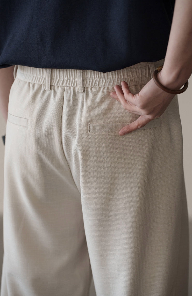 Linen Blend Elastic Waist Casual Trousers in Light Khaki