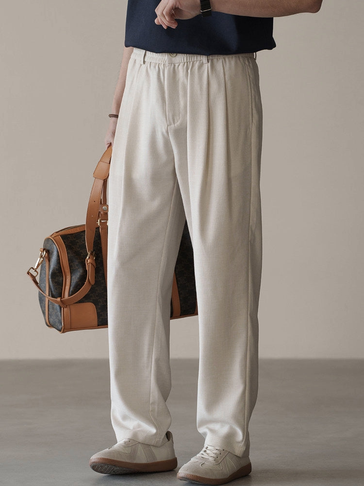 Linen Blend Elastic Waist Casual Trousers in Light Khaki