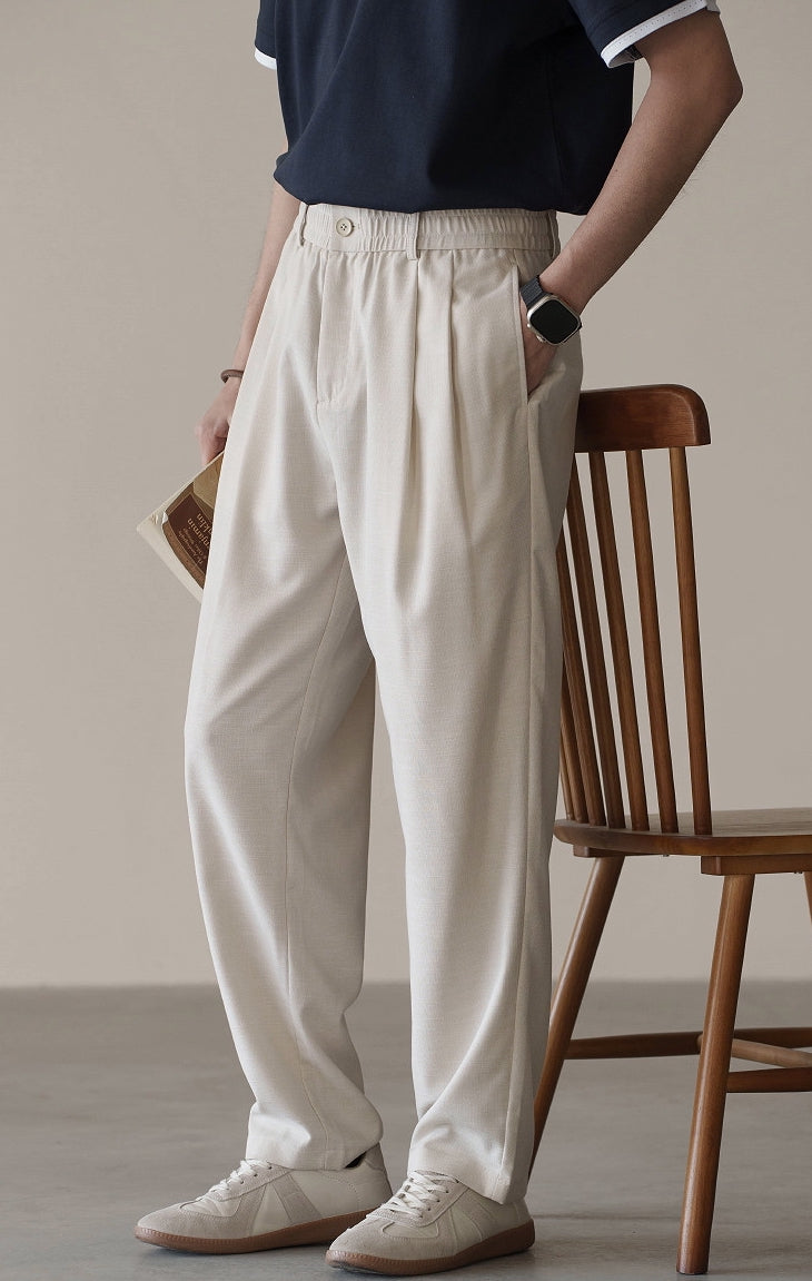 Linen Blend Elastic Waist Casual Trousers in Light Khaki