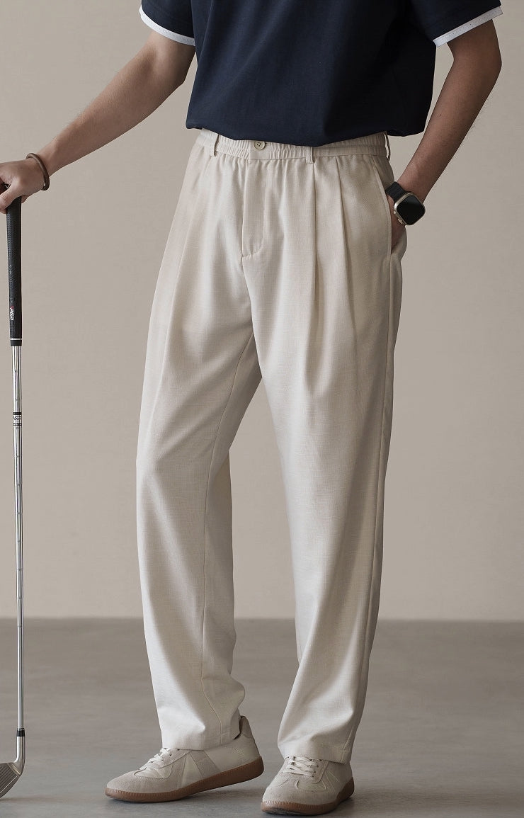 Linen Blend Elastic Waist Casual Trousers in Light Khaki