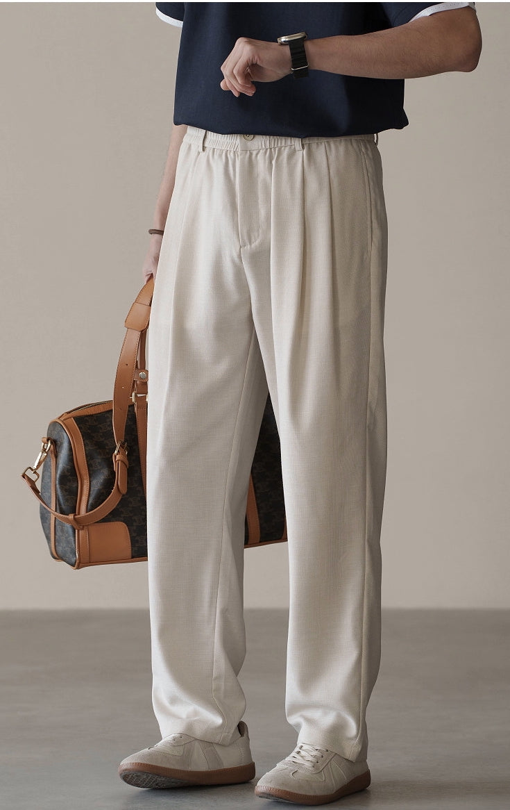 Linen Blend Elastic Waist Casual Trousers in Light Khaki