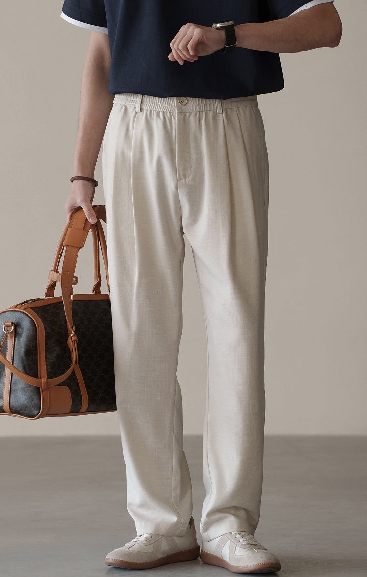 Linen Blend Elastic Waist Casual Trousers in Light Khaki