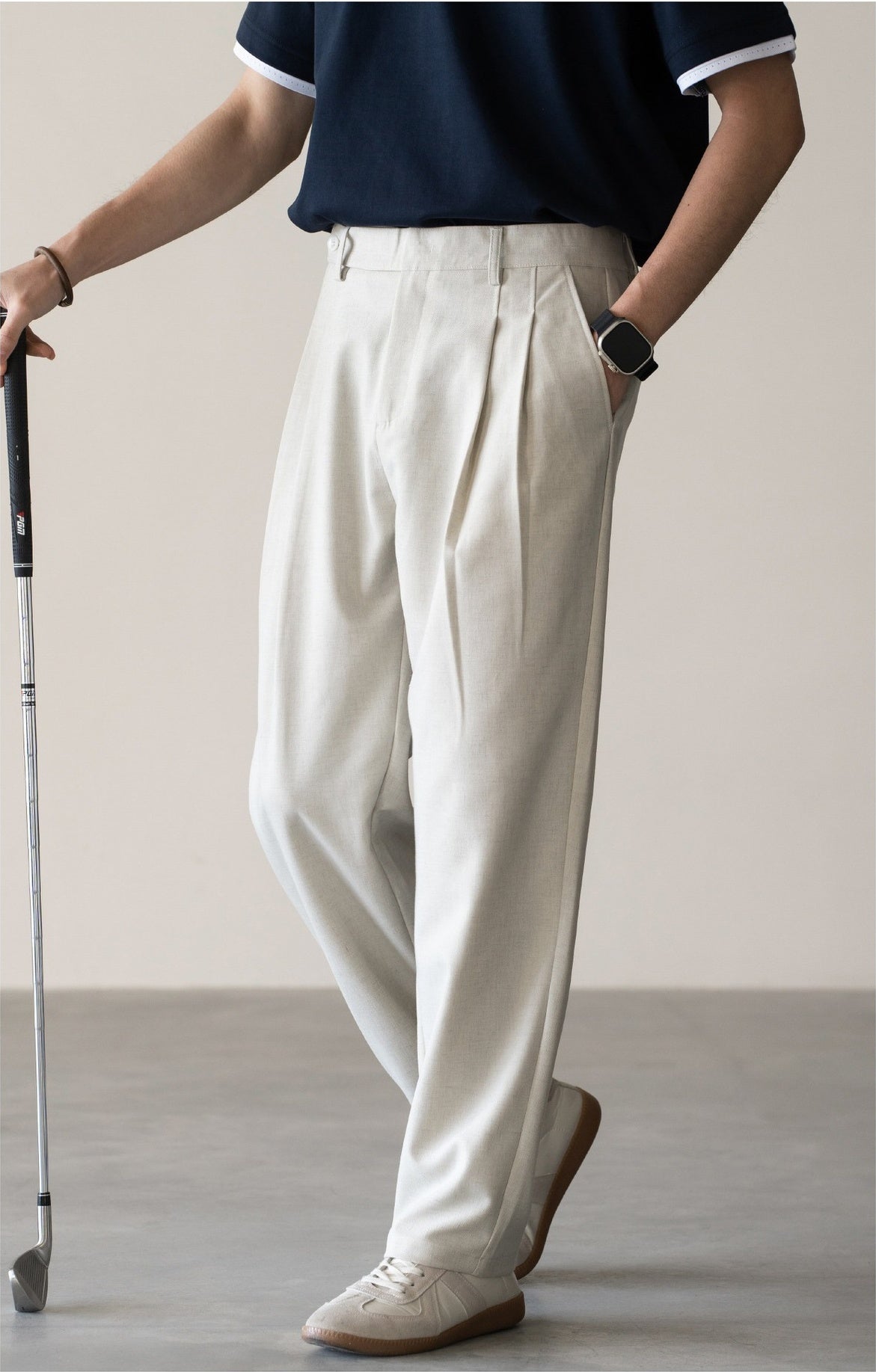 Old Money Tencel Linen Double Pleated Trousers - APRICOT