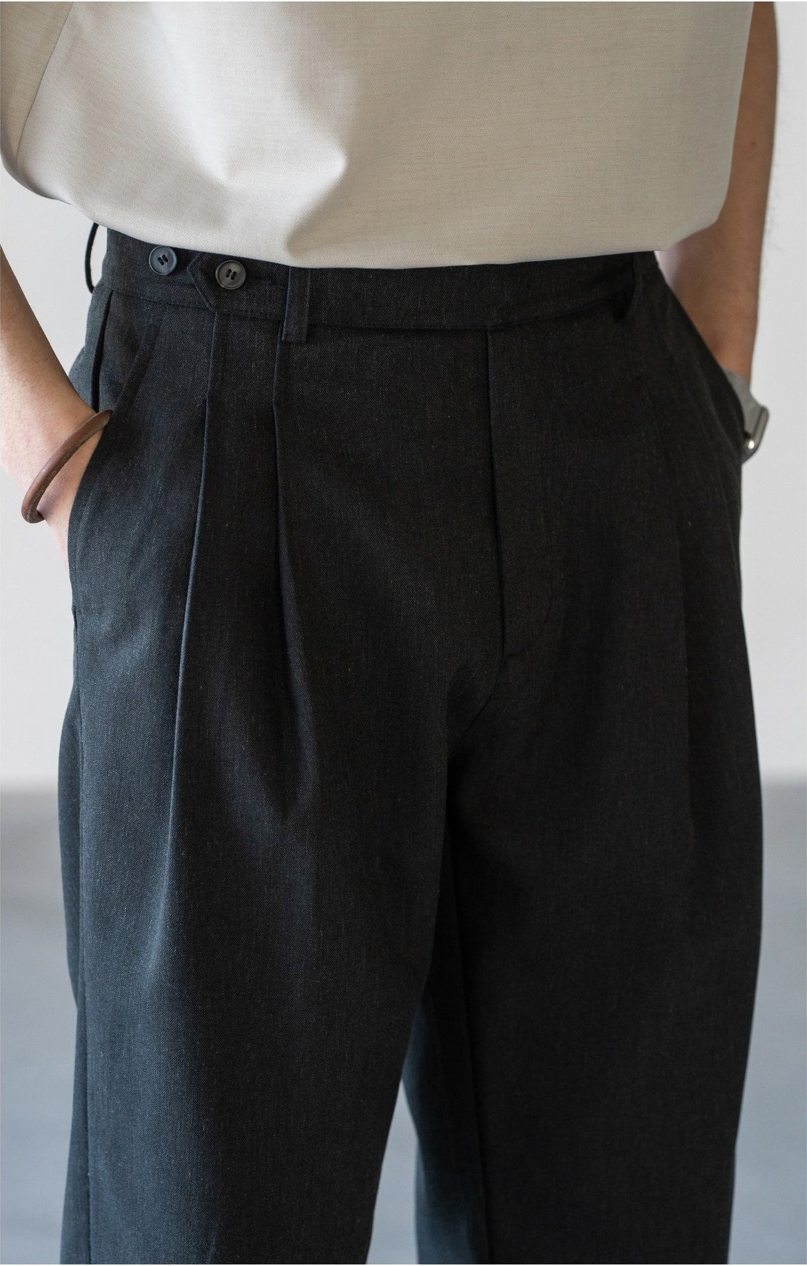 Old Money Tencel Linen Double Pleated Trousers - DARKGREY