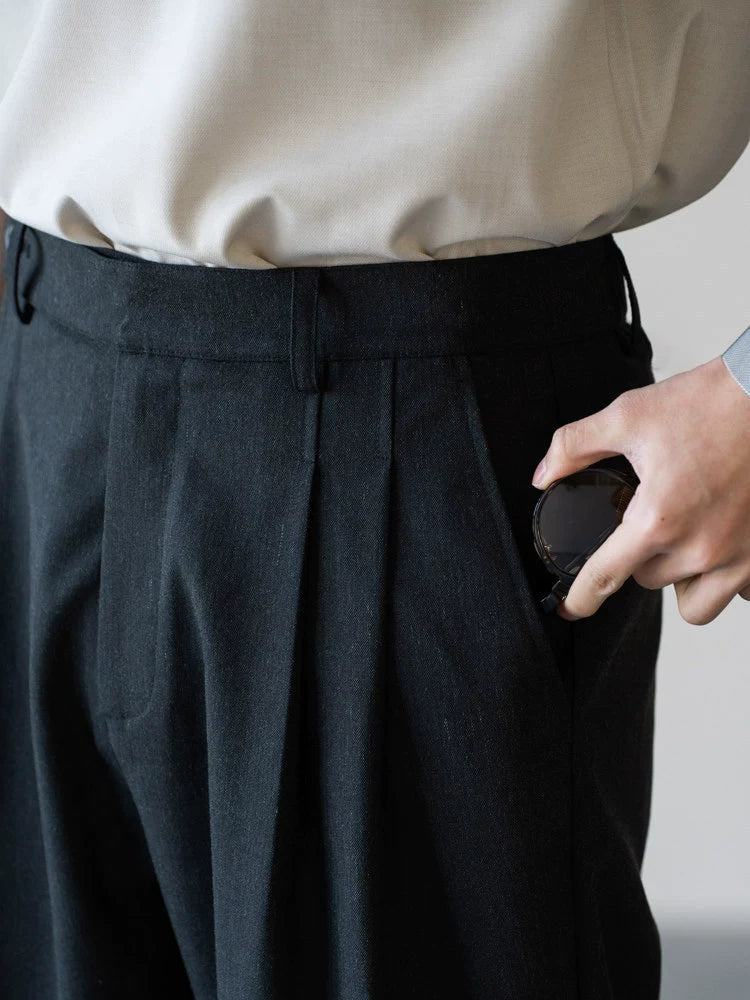 Old Money Tencel Linen Double Pleated Trousers - DARKGREY