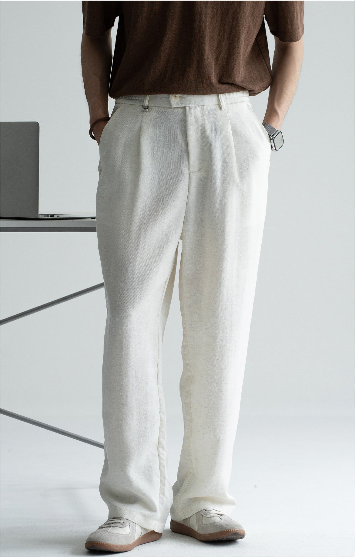 Old Money Linen Lyocell Straight Trousers - APRICOT