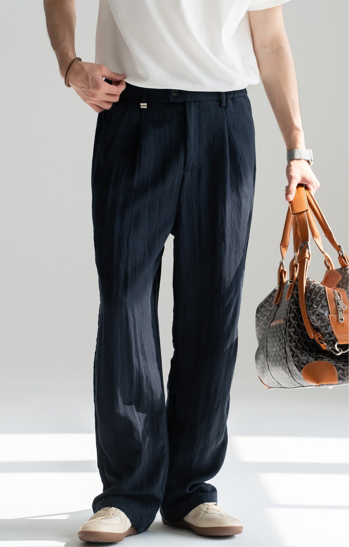 Old Money Linen Lyocell Straight Trousers - NAVYBLUE