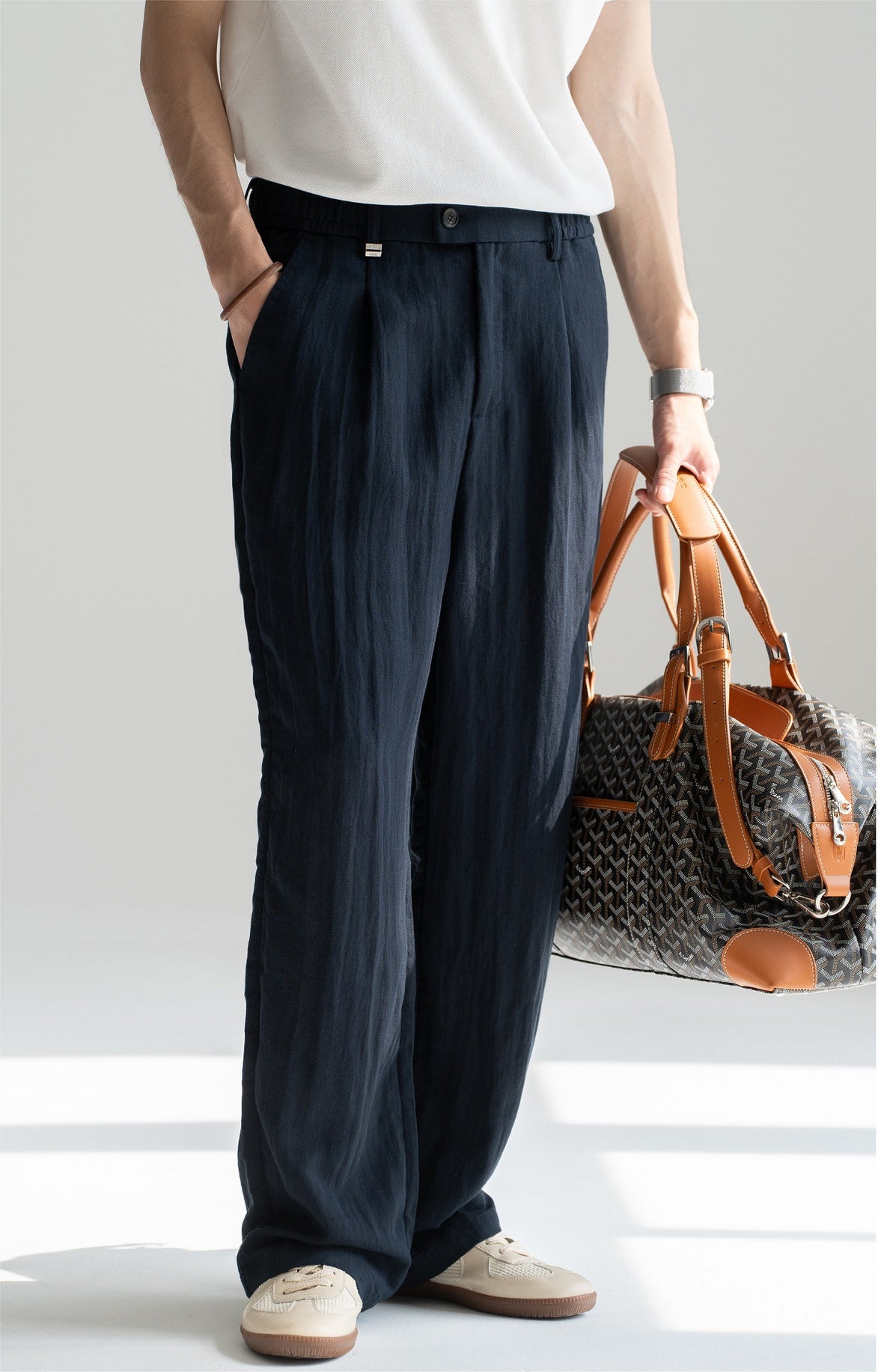 Old Money Linen Lyocell Straight Trousers - NAVYBLUE