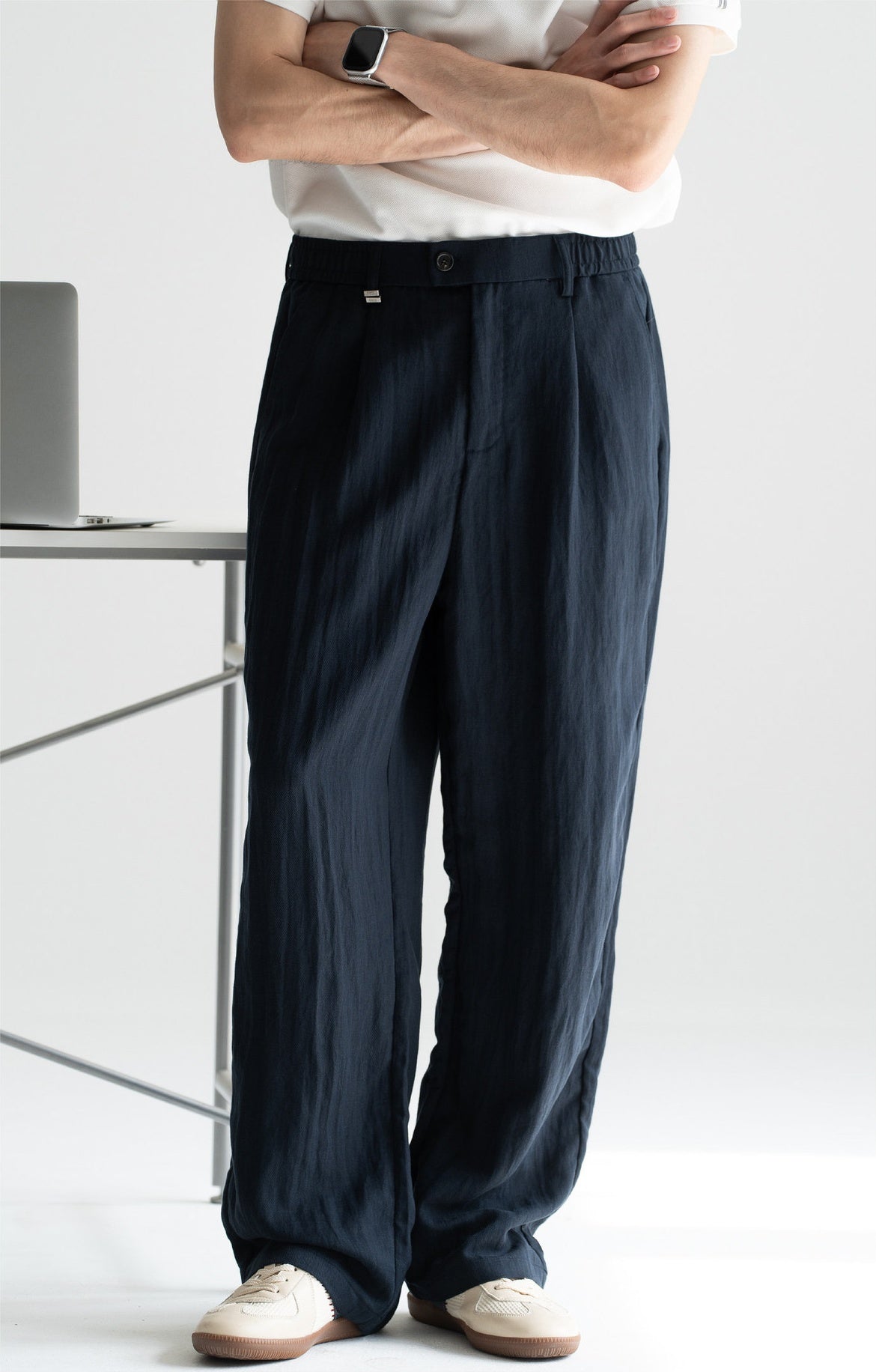 Old Money Linen Lyocell Straight Trousers - NAVYBLUE