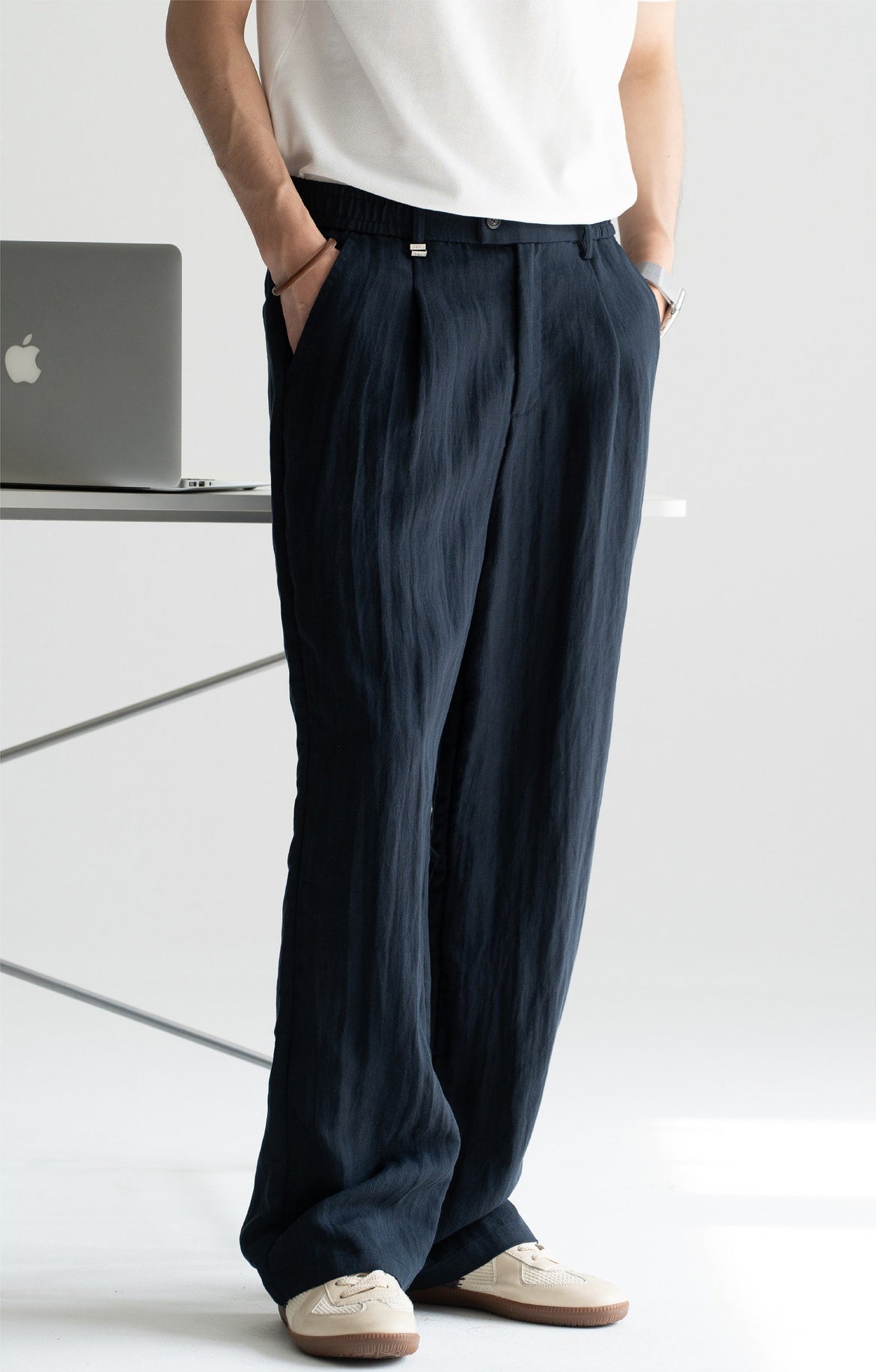 Old Money Linen Lyocell Straight Trousers - NAVYBLUE