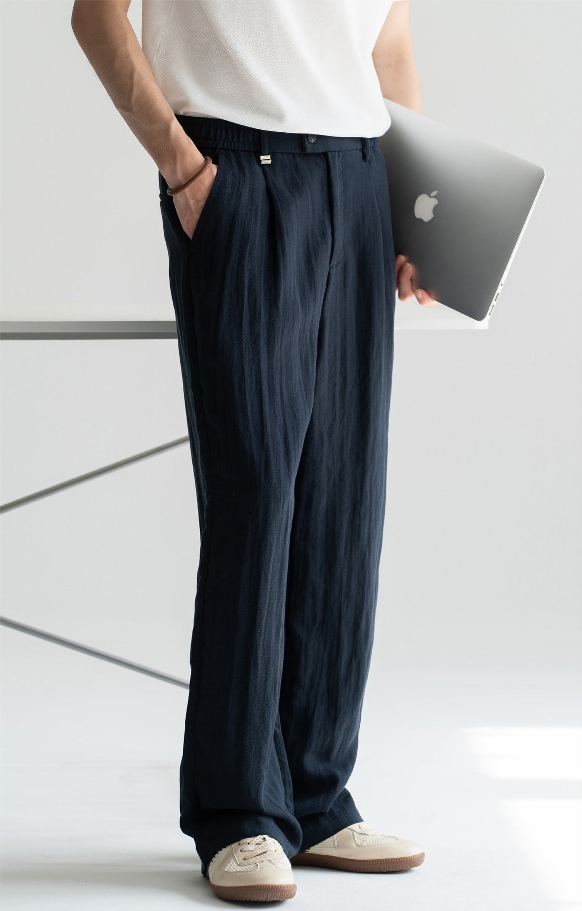 Old Money Linen Lyocell Straight Trousers - NAVYBLUE