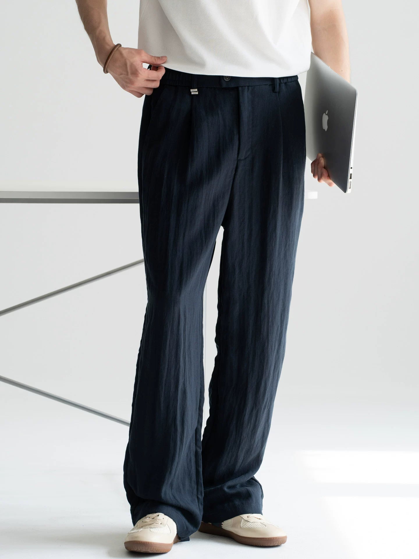 Old Money Linen Lyocell Straight Trousers - NAVYBLUE
