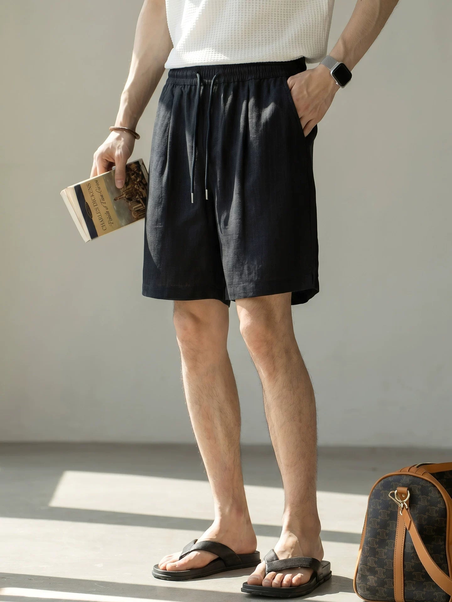 Old Money Lyocell Linen Drawstring Shorts - NAVYBLUE