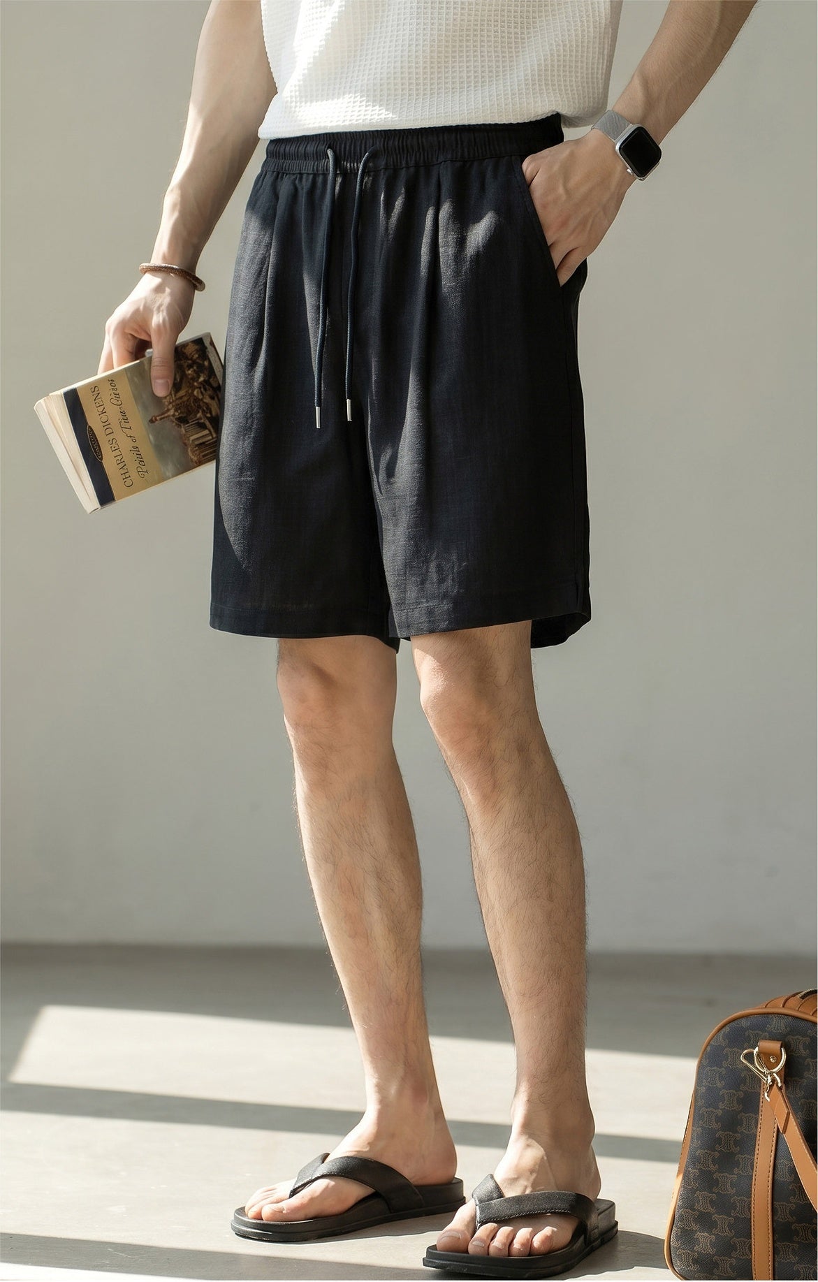 Old Money Lyocell Linen Drawstring Shorts - NAVYBLUE