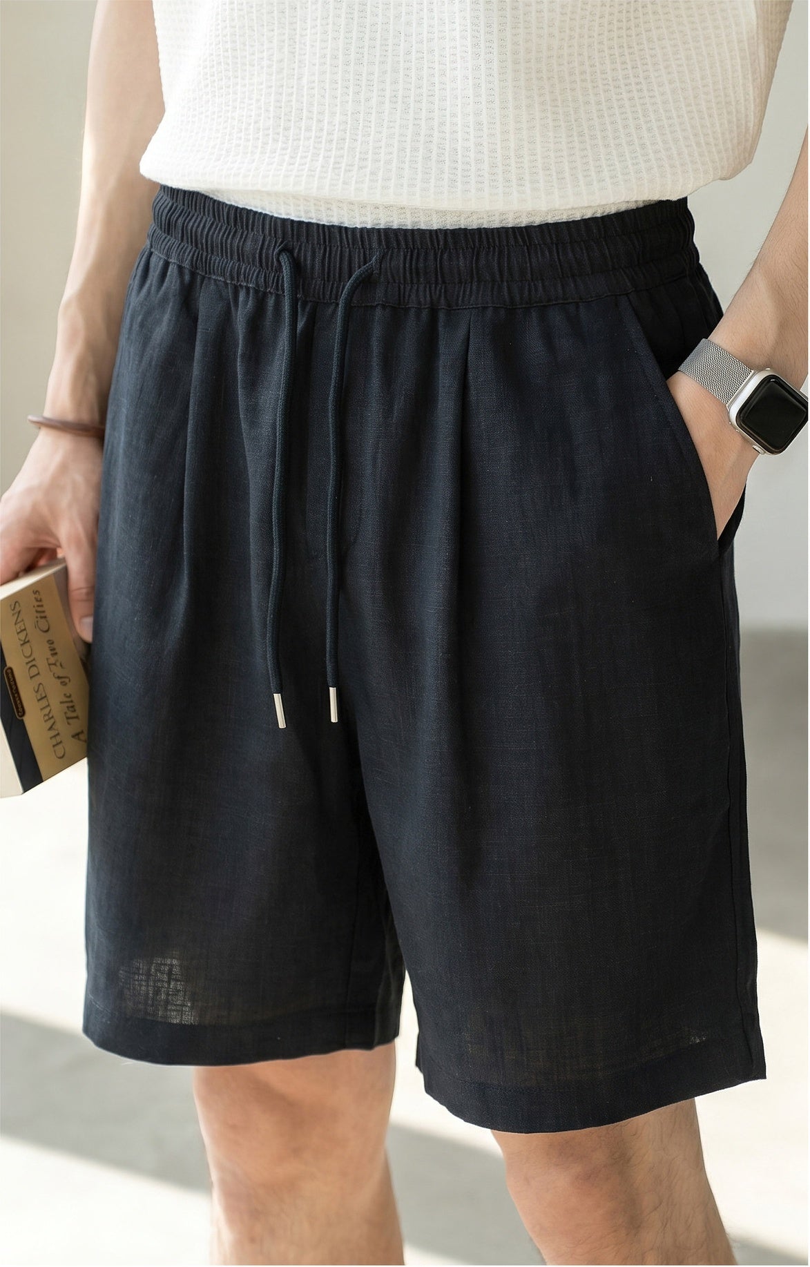 Old Money Lyocell Linen Drawstring Shorts - NAVYBLUE