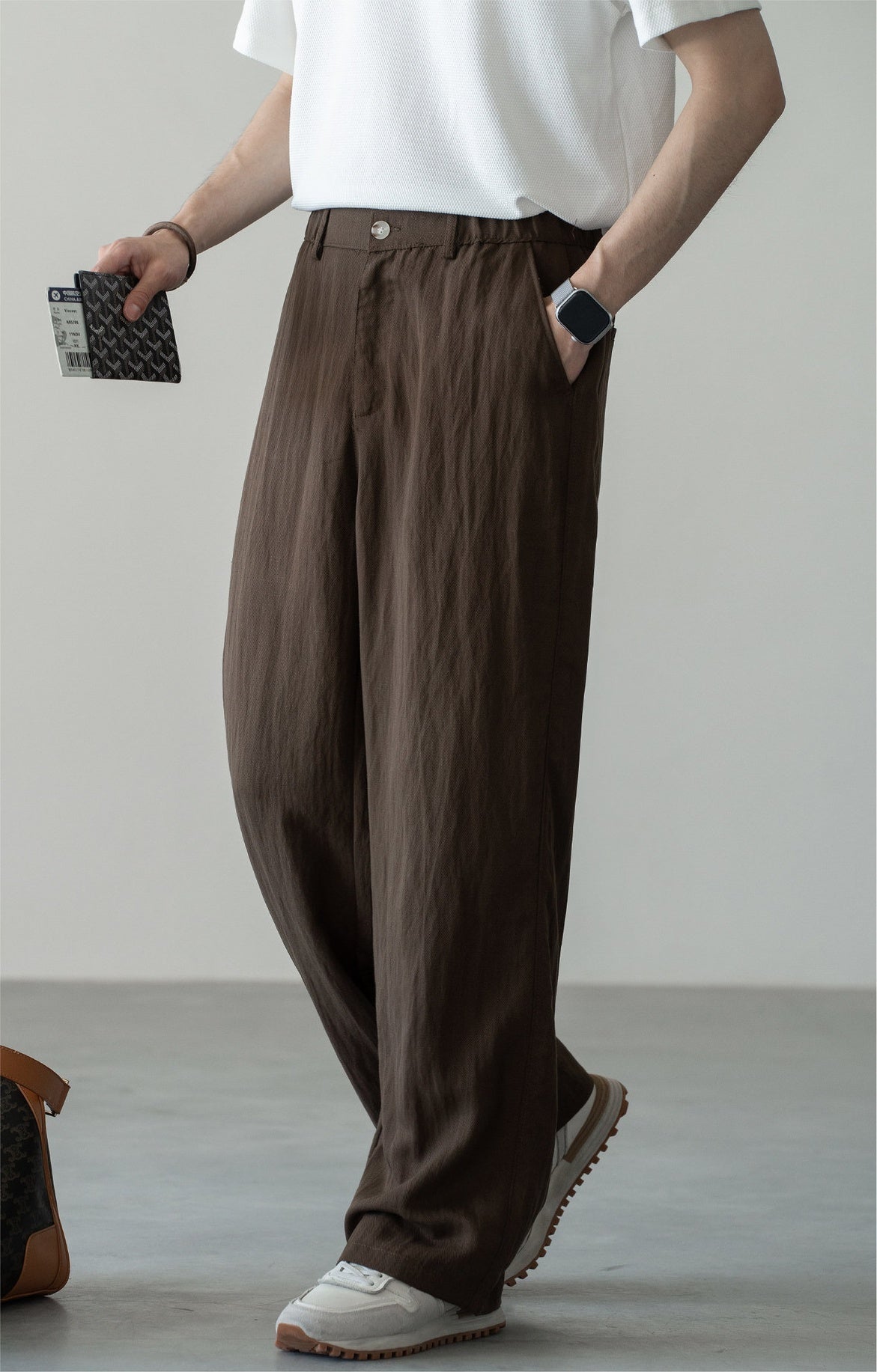 Old Money Linen Lyocell Textured Trousers - COFFEE