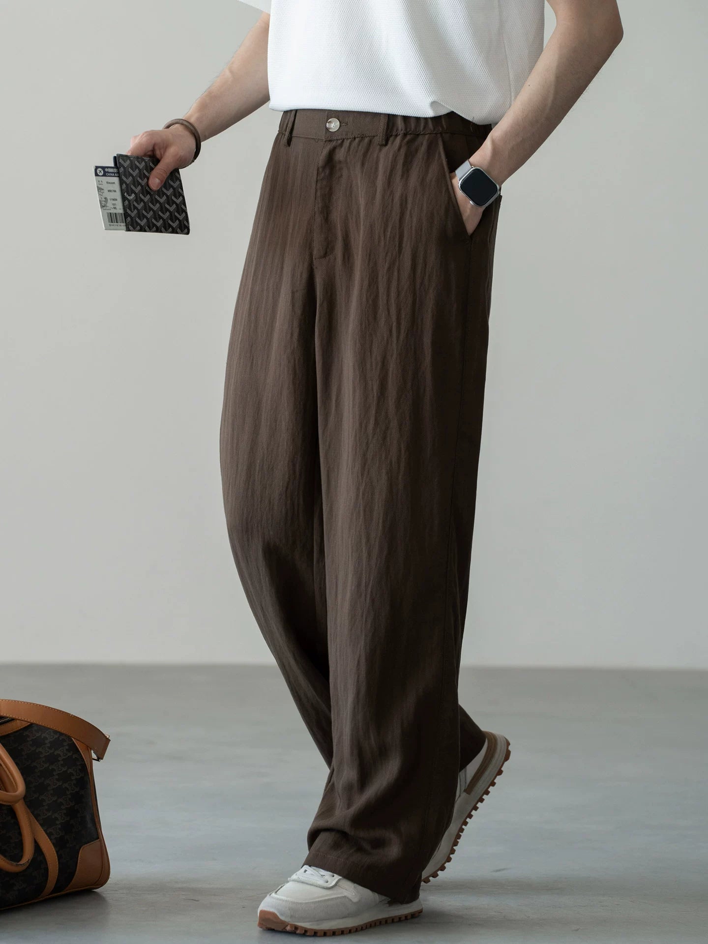 Old Money Linen Lyocell Textured Trousers - COFFEE