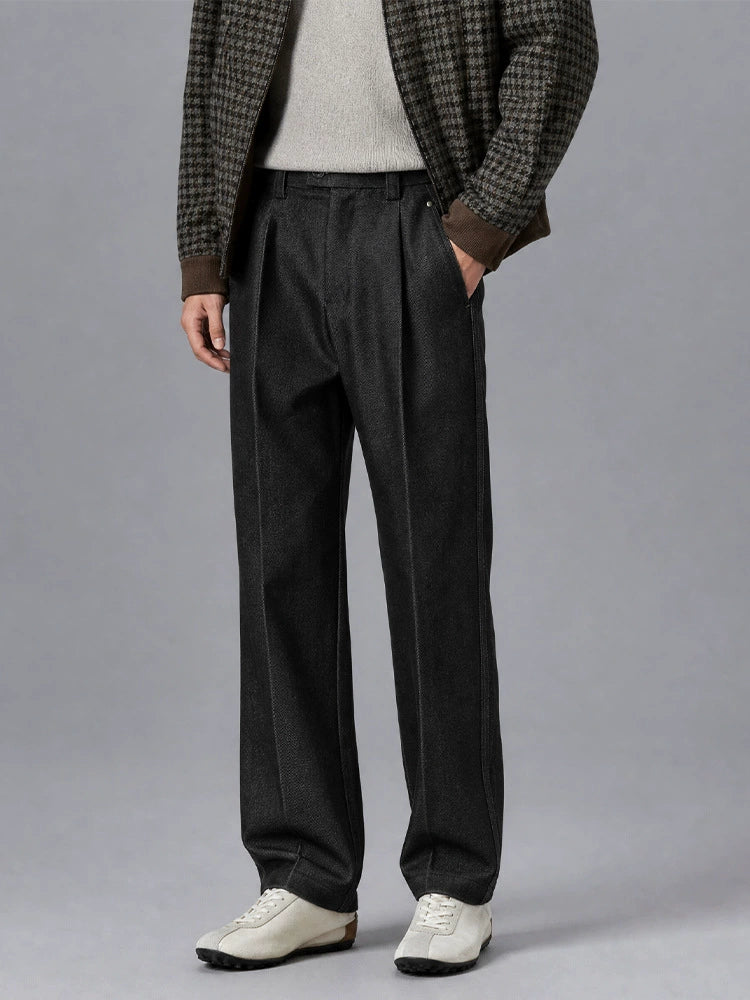 Retro Single-Pleated Textured Straight Trousers with Cool-Touch Stretch - CHARCOAL BLACK