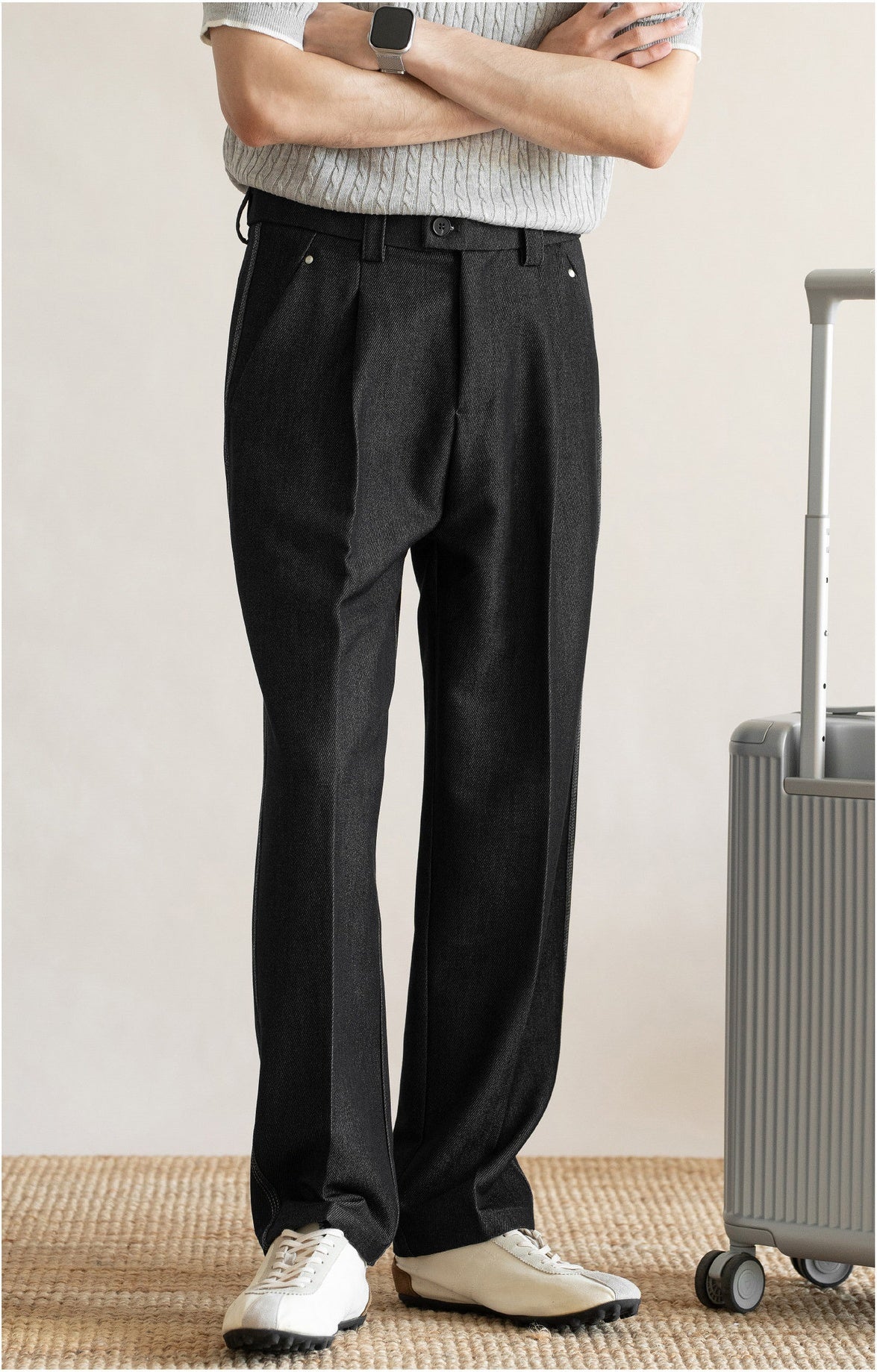 Retro Single-Pleated Textured Straight Trousers with Cool-Touch Stretch - CHARCOAL BLACK