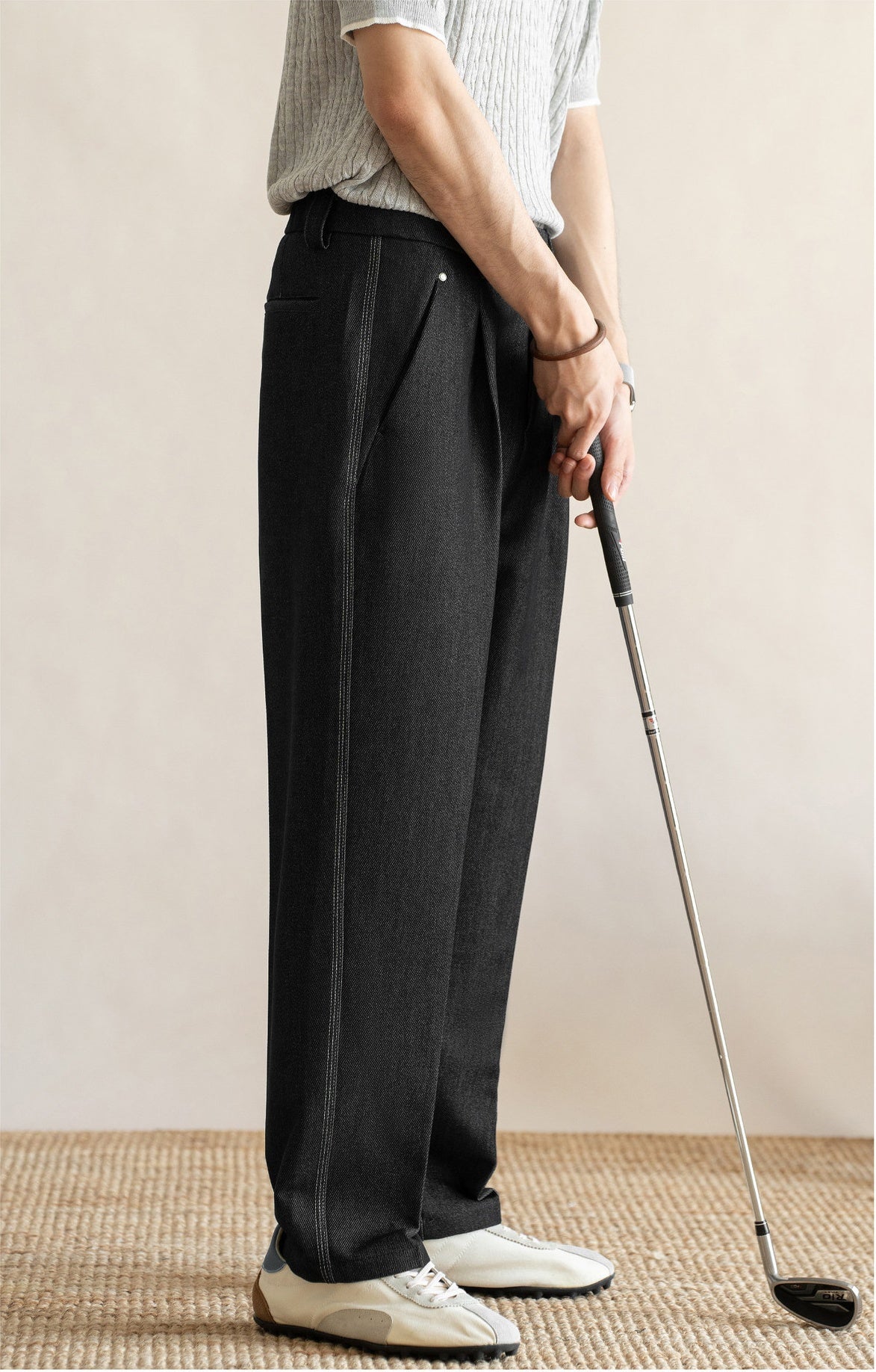 Retro Single-Pleated Textured Straight Trousers with Cool-Touch Stretch - CHARCOAL BLACK