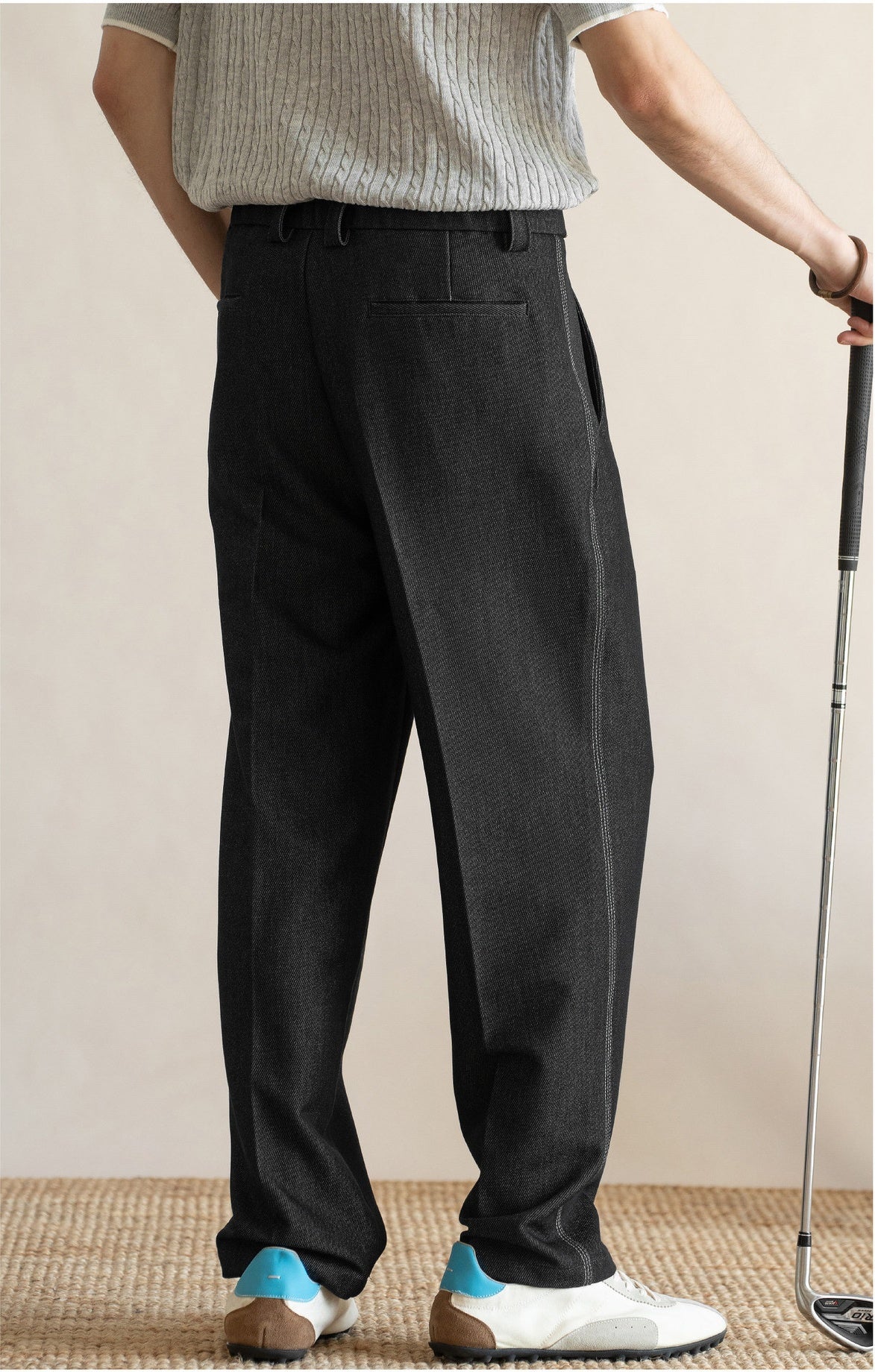 Retro Single-Pleated Textured Straight Trousers with Cool-Touch Stretch - CHARCOAL BLACK