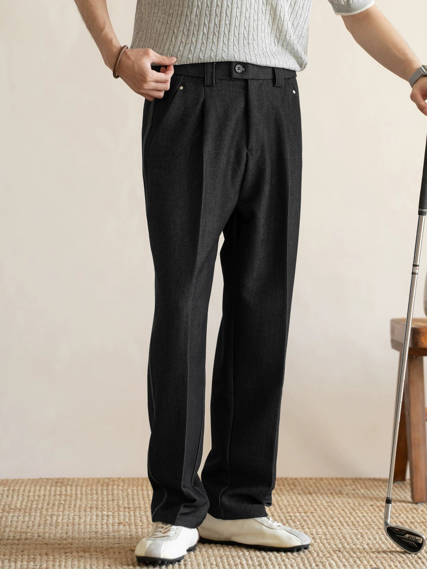 Retro Single-Pleated Textured Straight Trousers with Cool-Touch Stretch - CHARCOAL BLACK