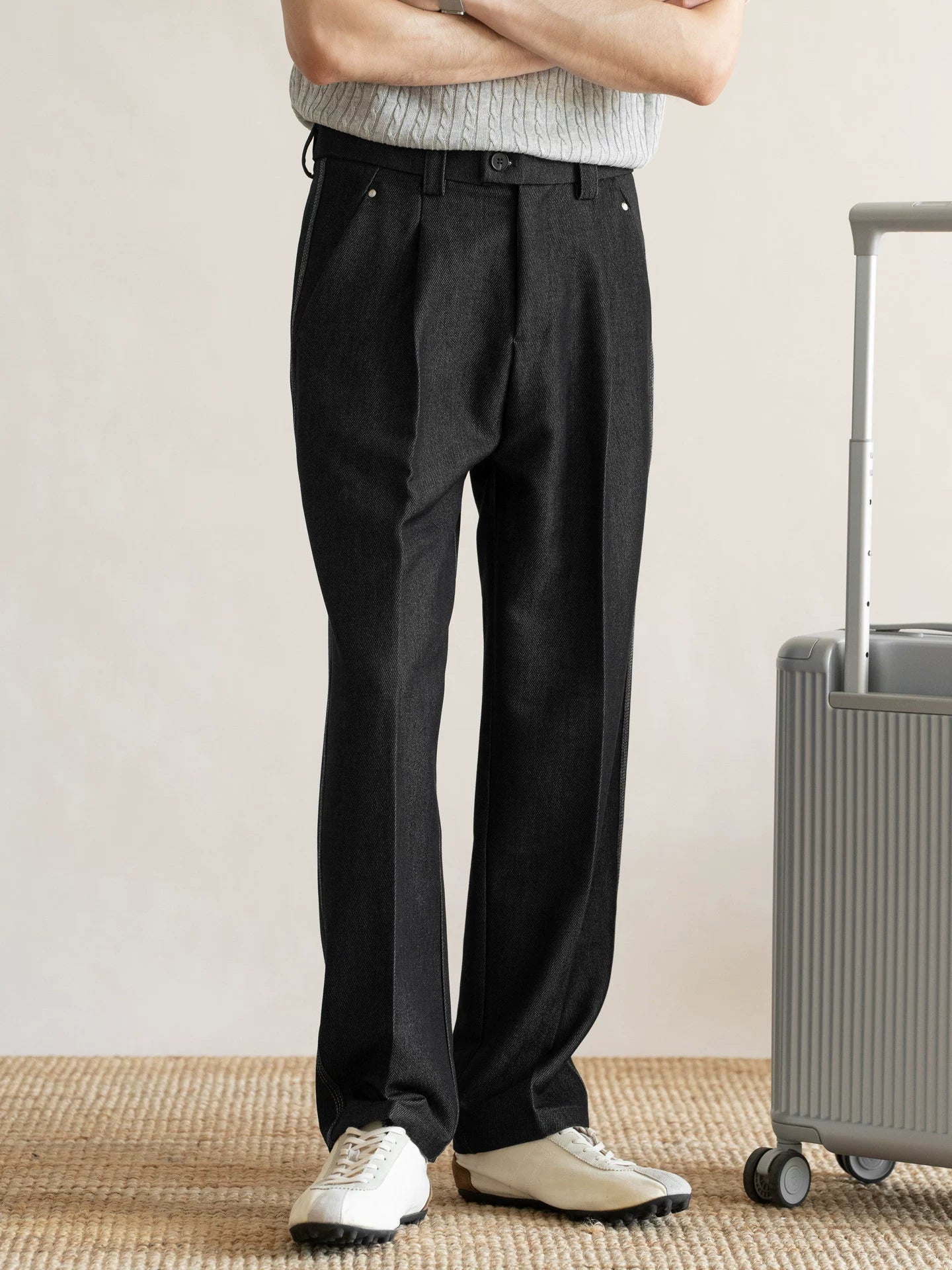 Retro Single-Pleated Textured Straight Trousers with Cool-Touch Stretch - CHARCOAL BLACK